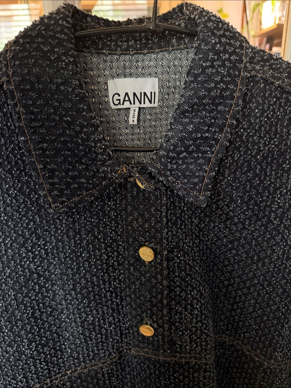 Ganni “Fluffy” Denim Navy Textured Tweed Short-Sleeve Polo Dress - Picture 3 of 7